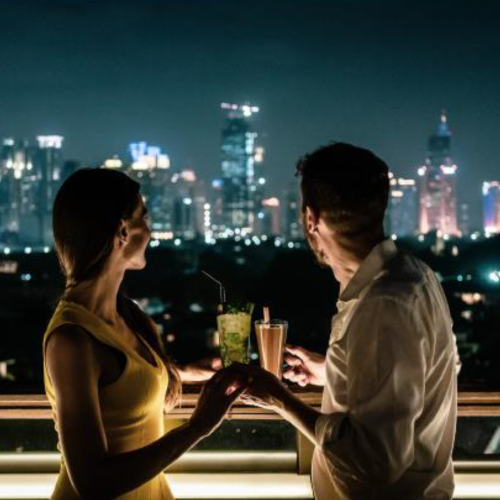 Rooftop party hall with a city view